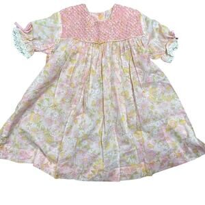 Kate Greenaway Vintage Pink Yellow Smocked Toddler Little Girls Dress Floral 3T